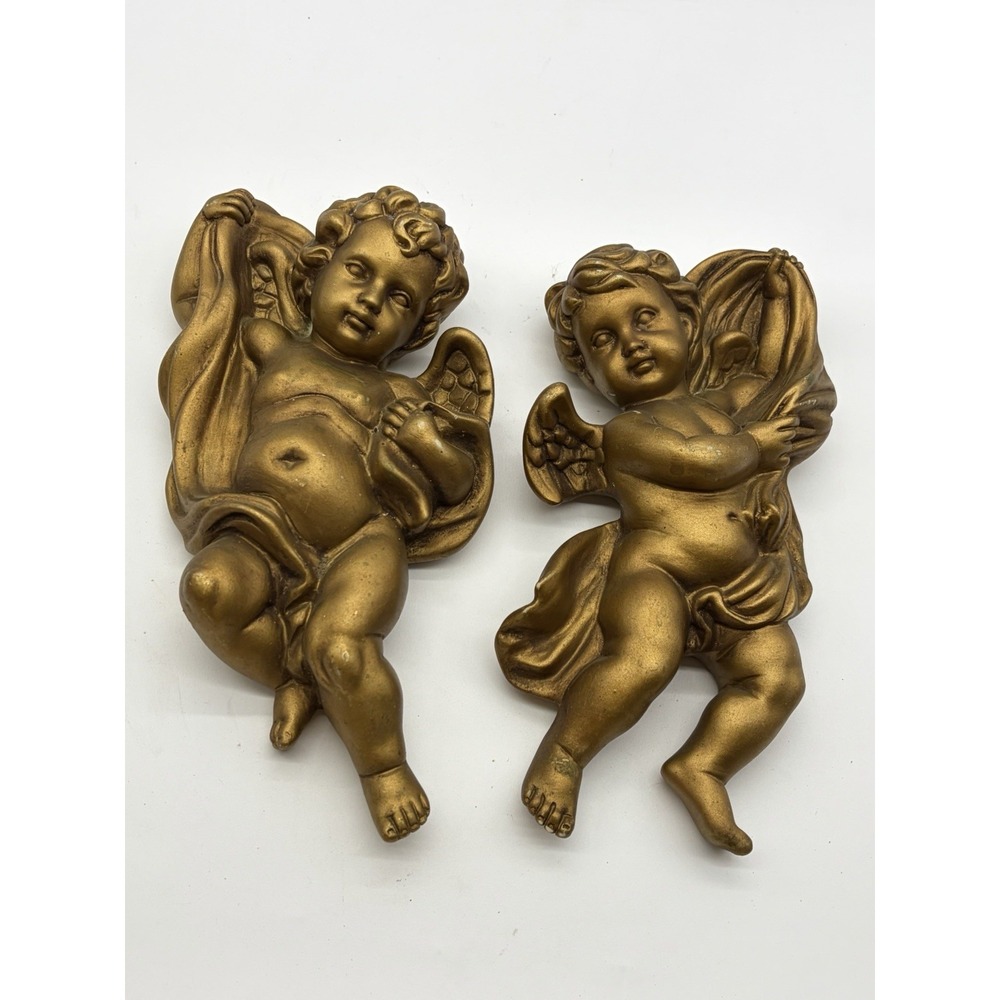 Set (2) Vtg Homco Angel Cherubs 10" Victorian Gold Wall Hollywood Regency Heavy